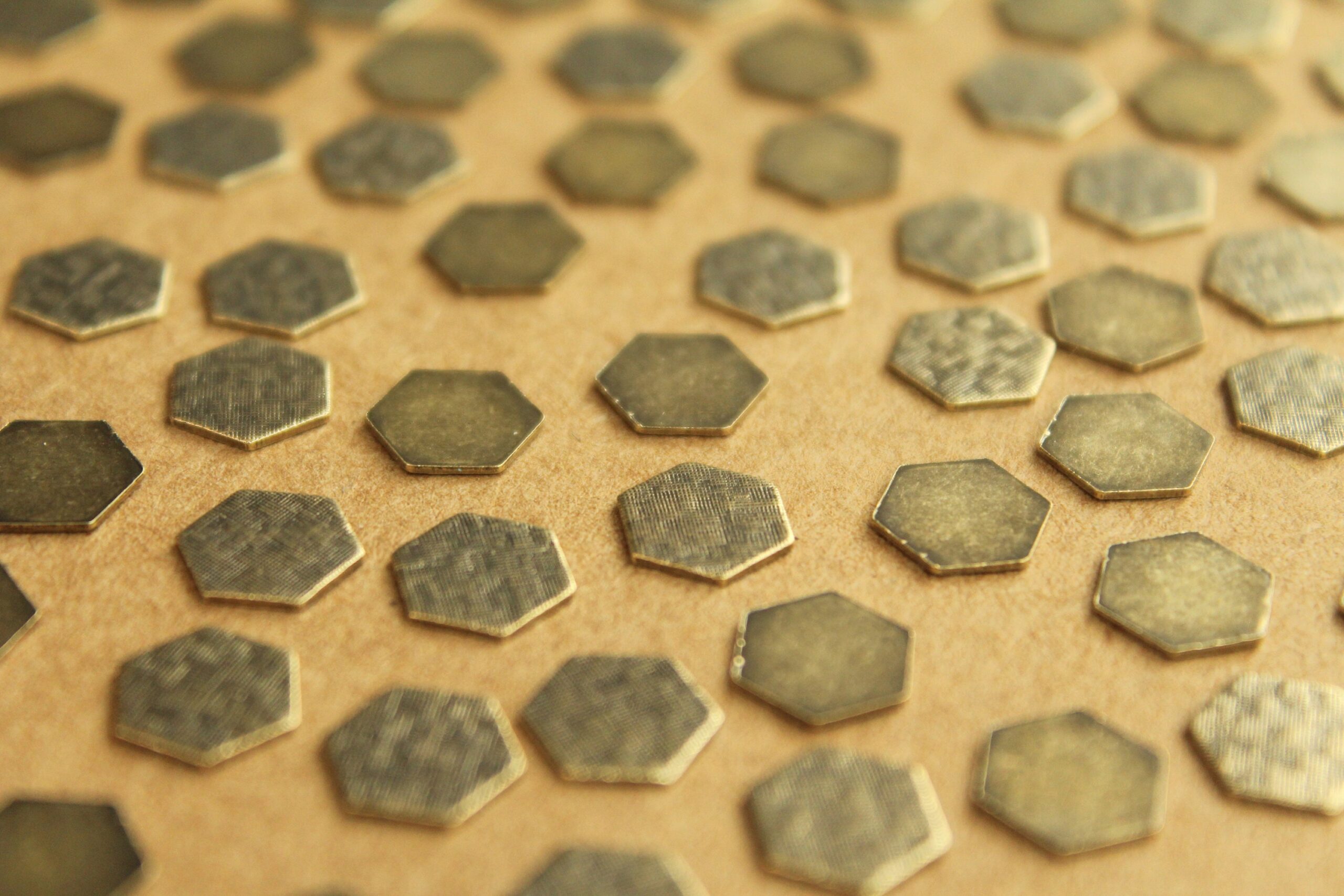 14 pc. Small Antique Brass Plated Crosshatched Hexagons: 9mm by 8mm - made in USA | AB-150