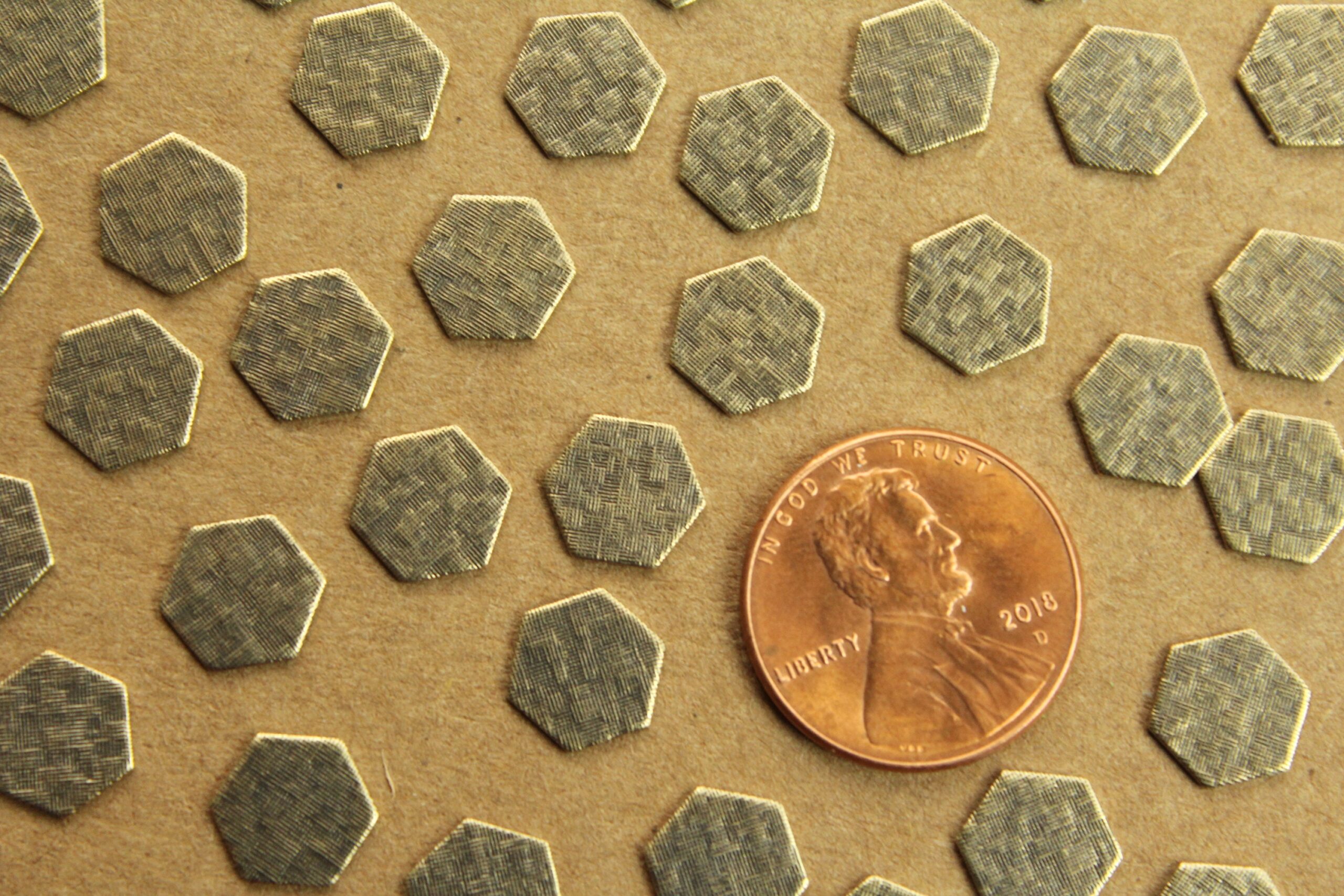14 pc. Small Antique Brass Plated Crosshatched Hexagons: 9mm by 8mm - made in USA | AB-150