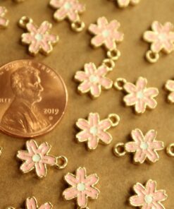 12 pc. Tiny Flower Charms, Pink and Gold Enameled, 11.5mm x 8mm | MIS-099*