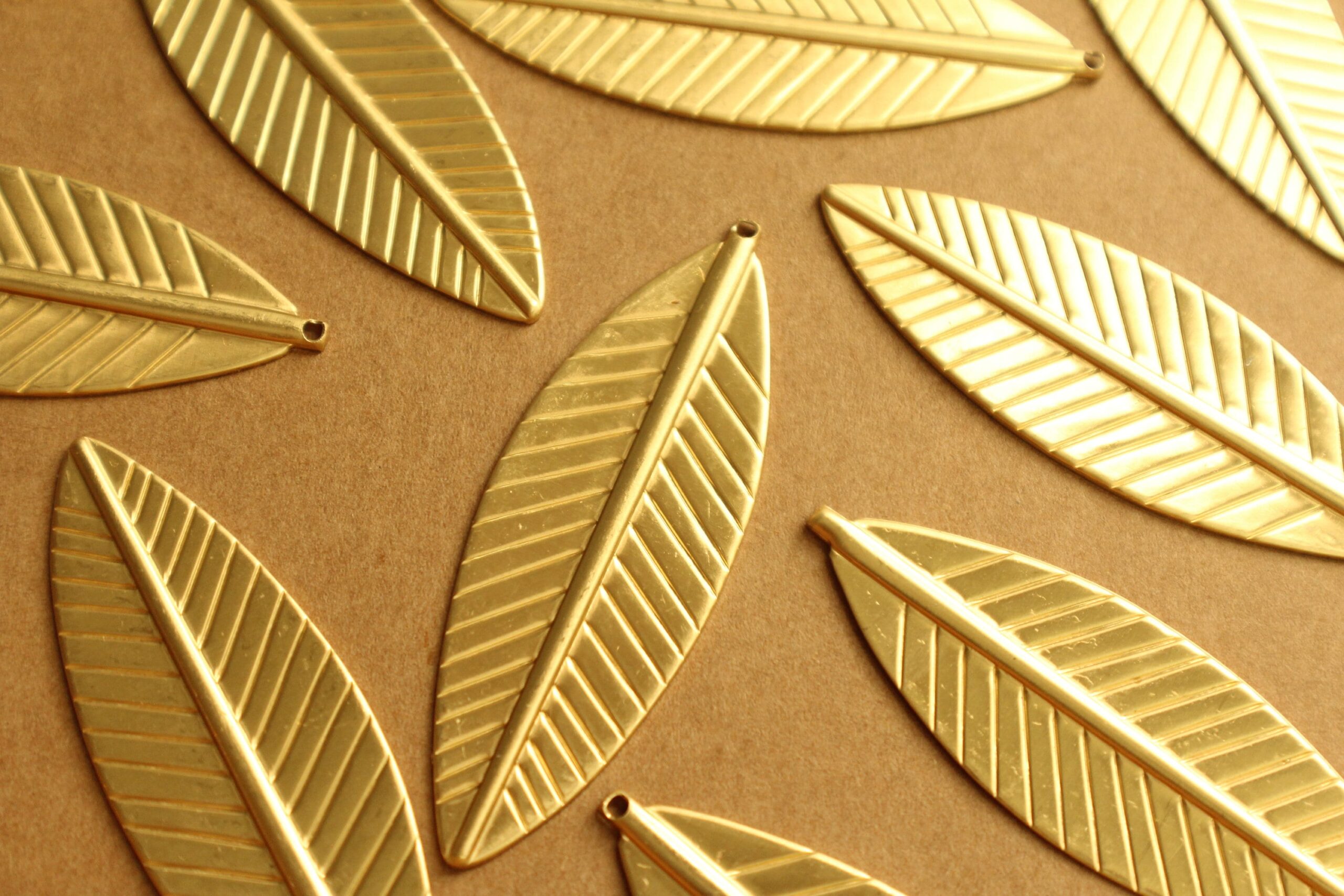 3 pc. Large Raw Brass Feathers: 62mm by 21mm - made in USA - leaf leaves bird tribal nature boho brooch bobby pin | RB-1331