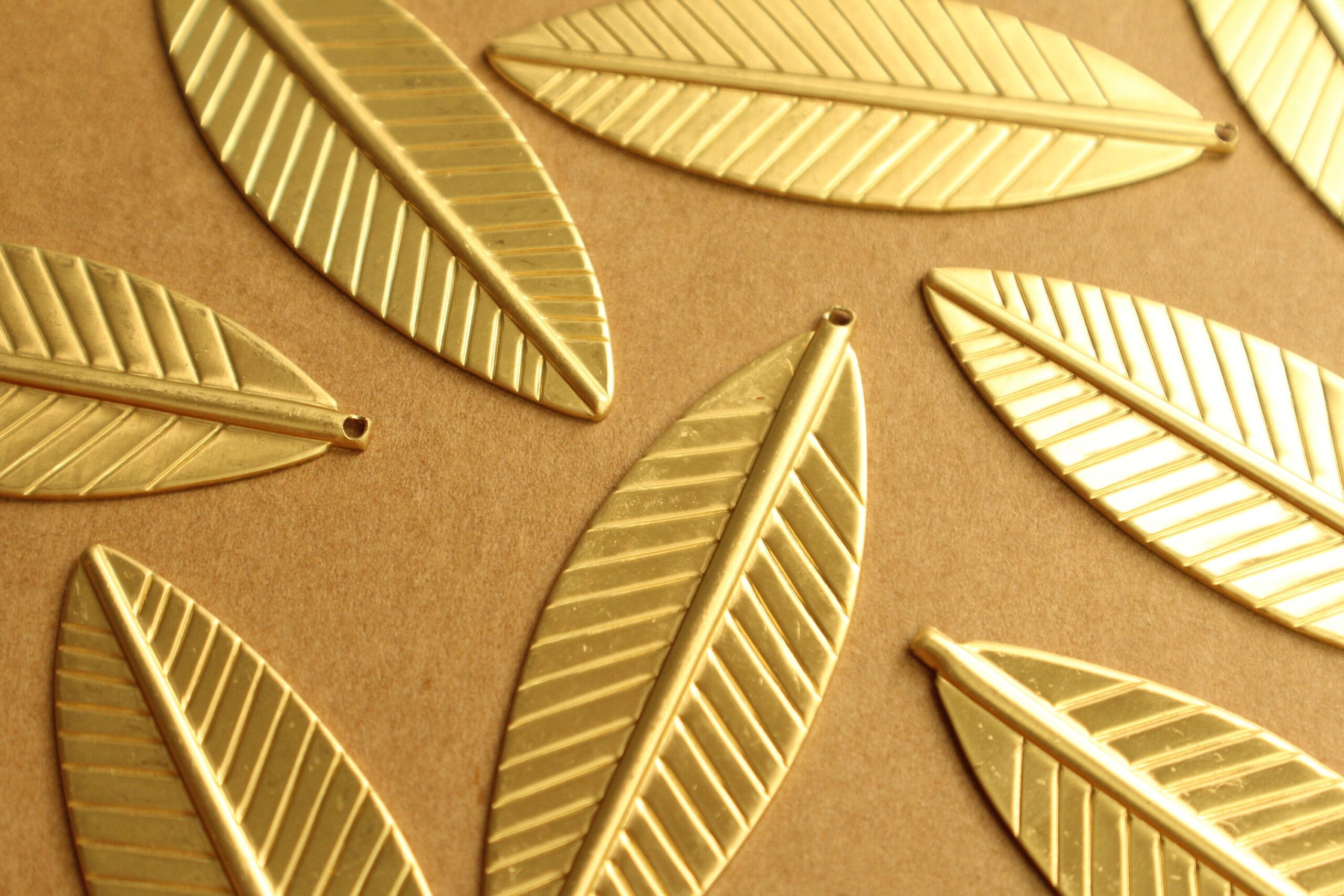 3 pc. Large Raw Brass Feathers: 62mm by 21mm - made in USA - leaf leaves bird tribal nature boho brooch bobby pin | RB-1331