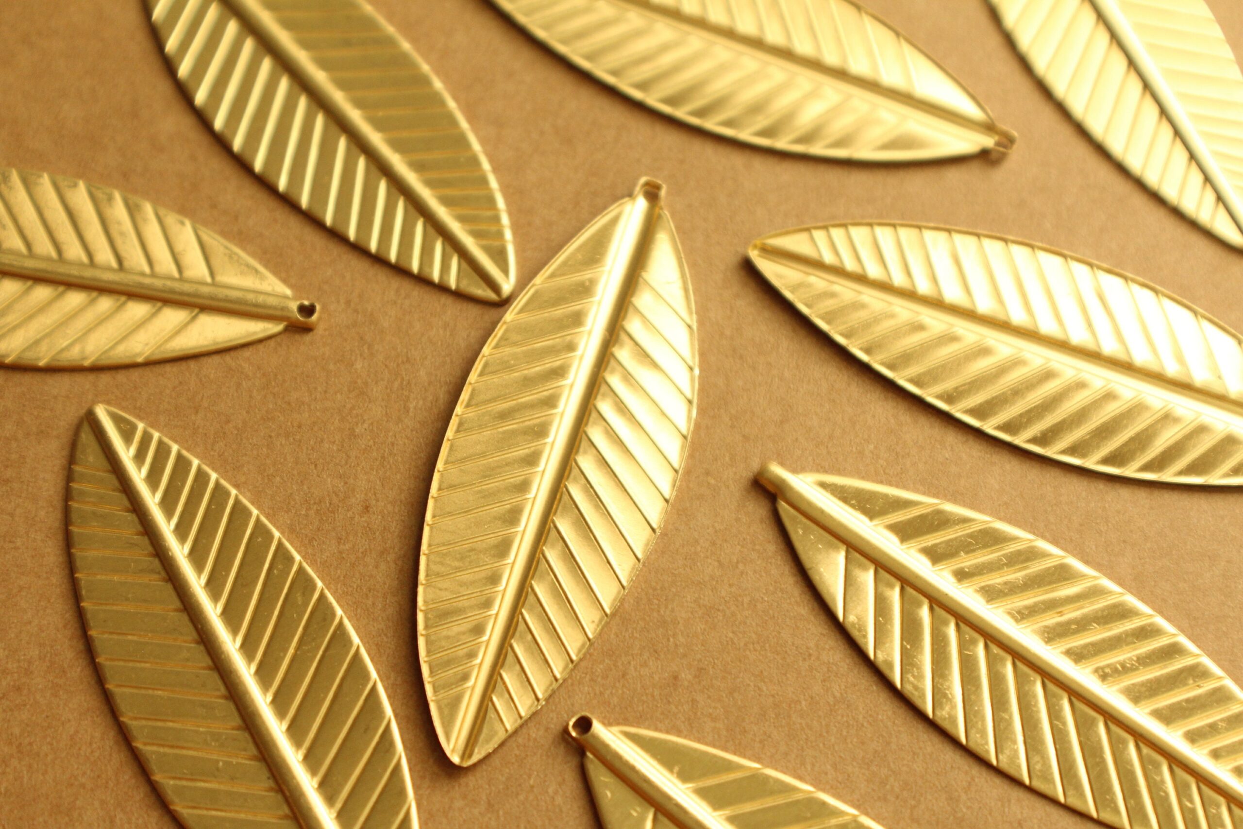 3 pc. Large Raw Brass Feathers: 62mm by 21mm - made in USA - leaf leaves bird tribal nature boho brooch bobby pin | RB-1331