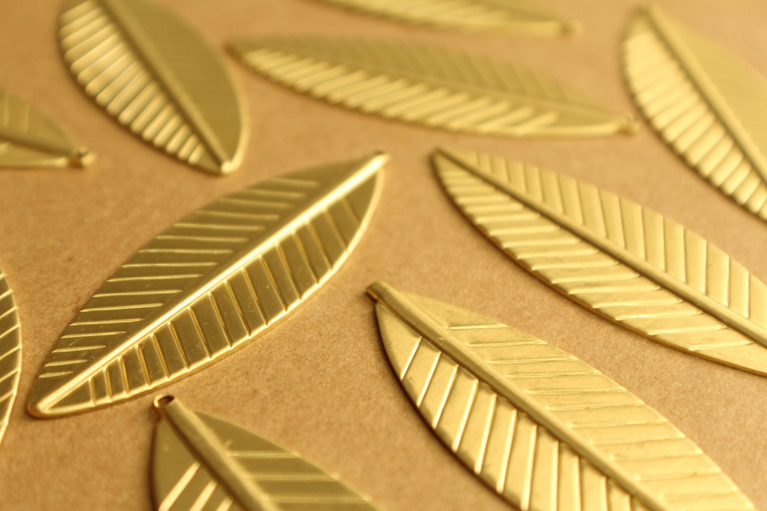 3 pc. Large Raw Brass Feathers: 62mm by 21mm - made in USA - leaf leaves bird tribal nature boho brooch bobby pin | RB-1331