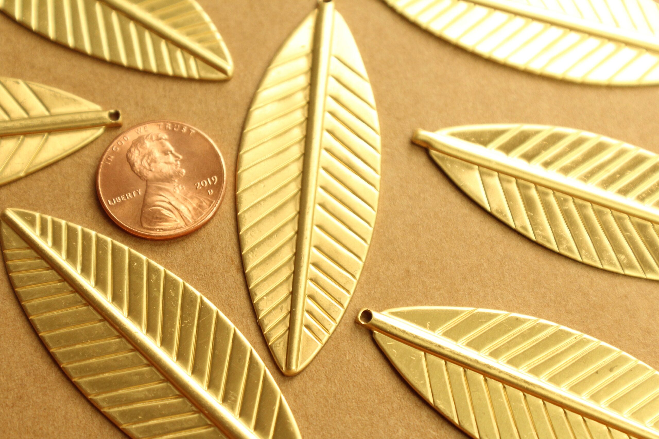 3 pc. Large Raw Brass Feathers: 62mm by 21mm - made in USA - leaf leaves bird tribal nature boho brooch bobby pin | RB-1331
