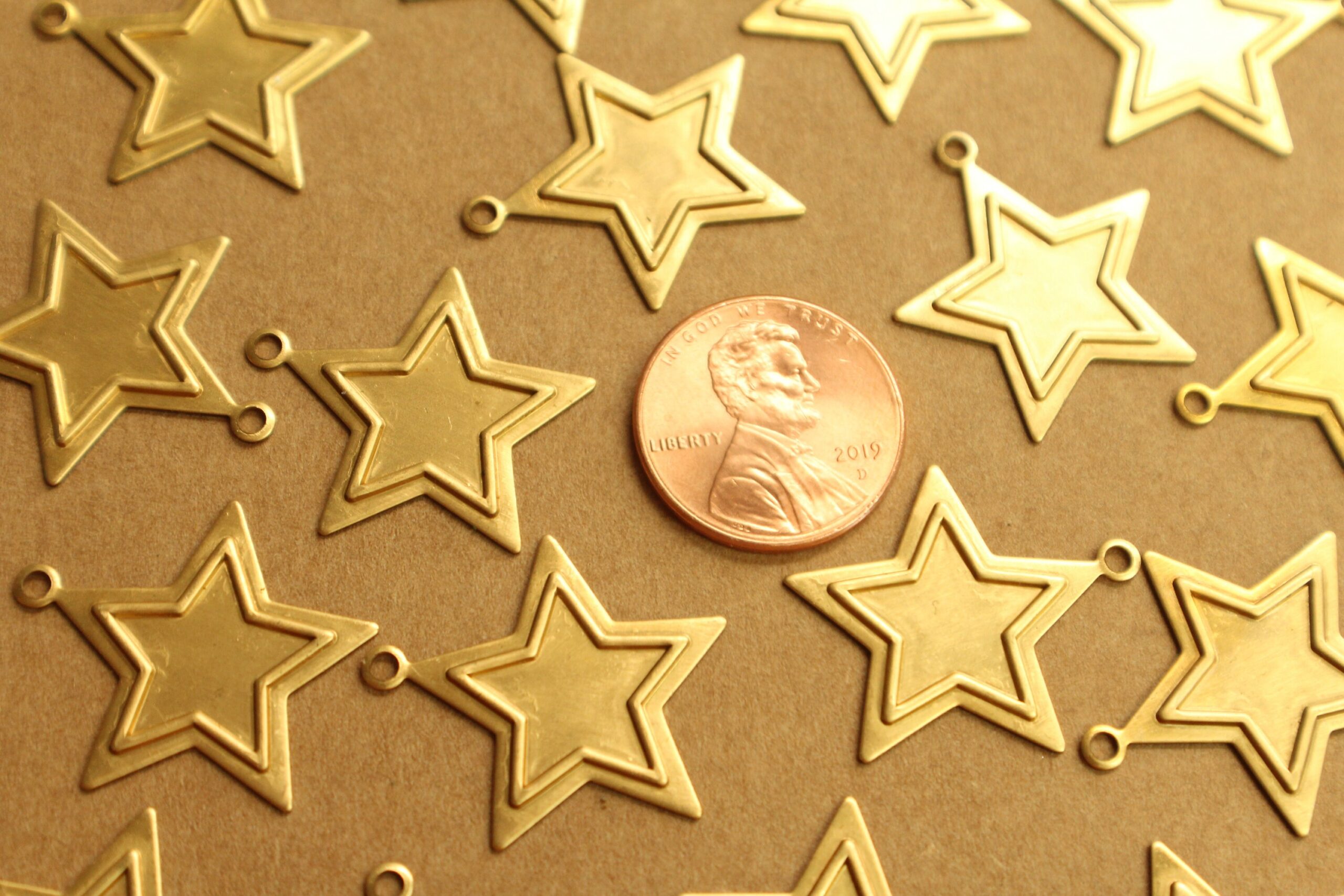 6 pc. Large Raw Brass Framed Star Charms: 22mm by 24mm - made in USA | RB-245