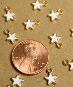 15 pc. Tiny Star Charms, White and Gold Enameled, 9mm x 7mm | MIS-258*