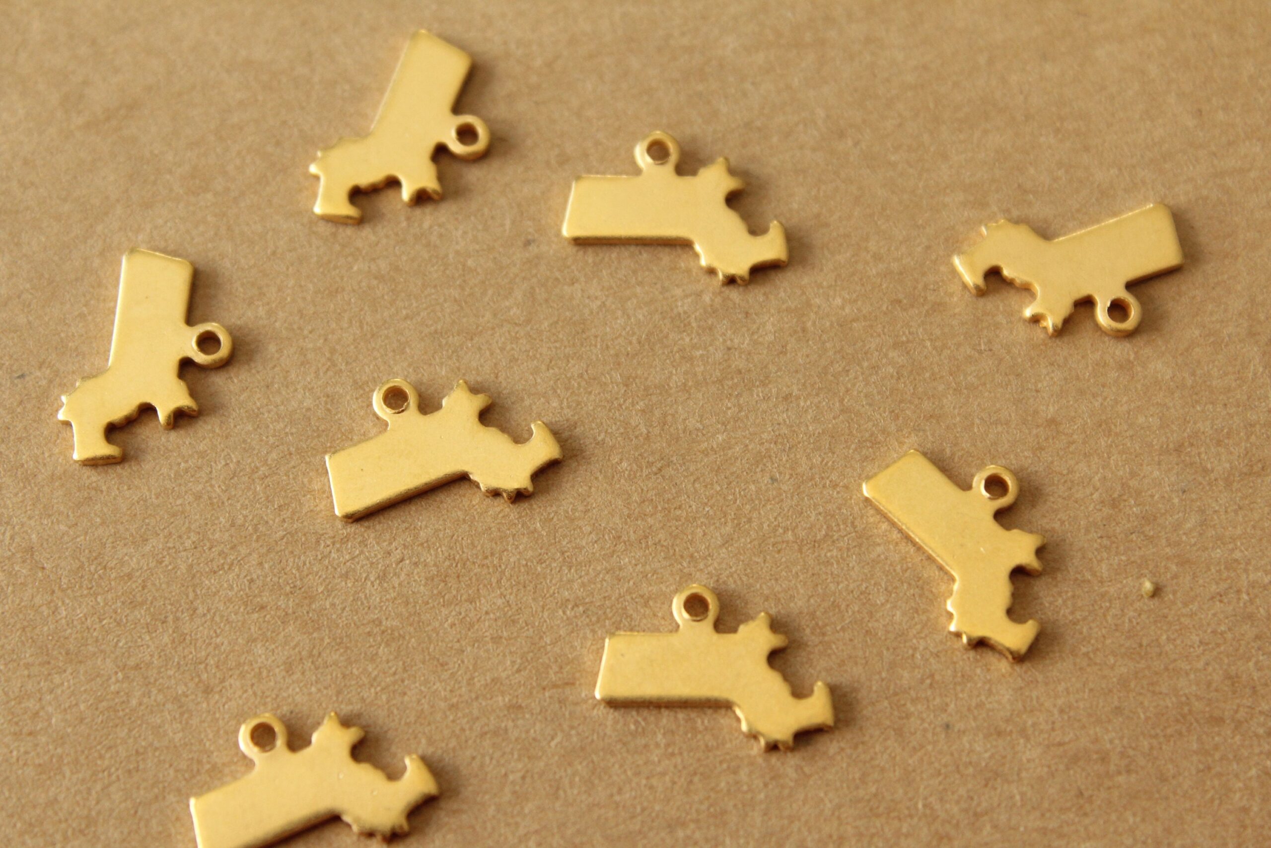 6 pc. Gold Plated Brass Massachusetts State Charms / Blanks: 12mm by 8.5mm - made in USA | GLD-205