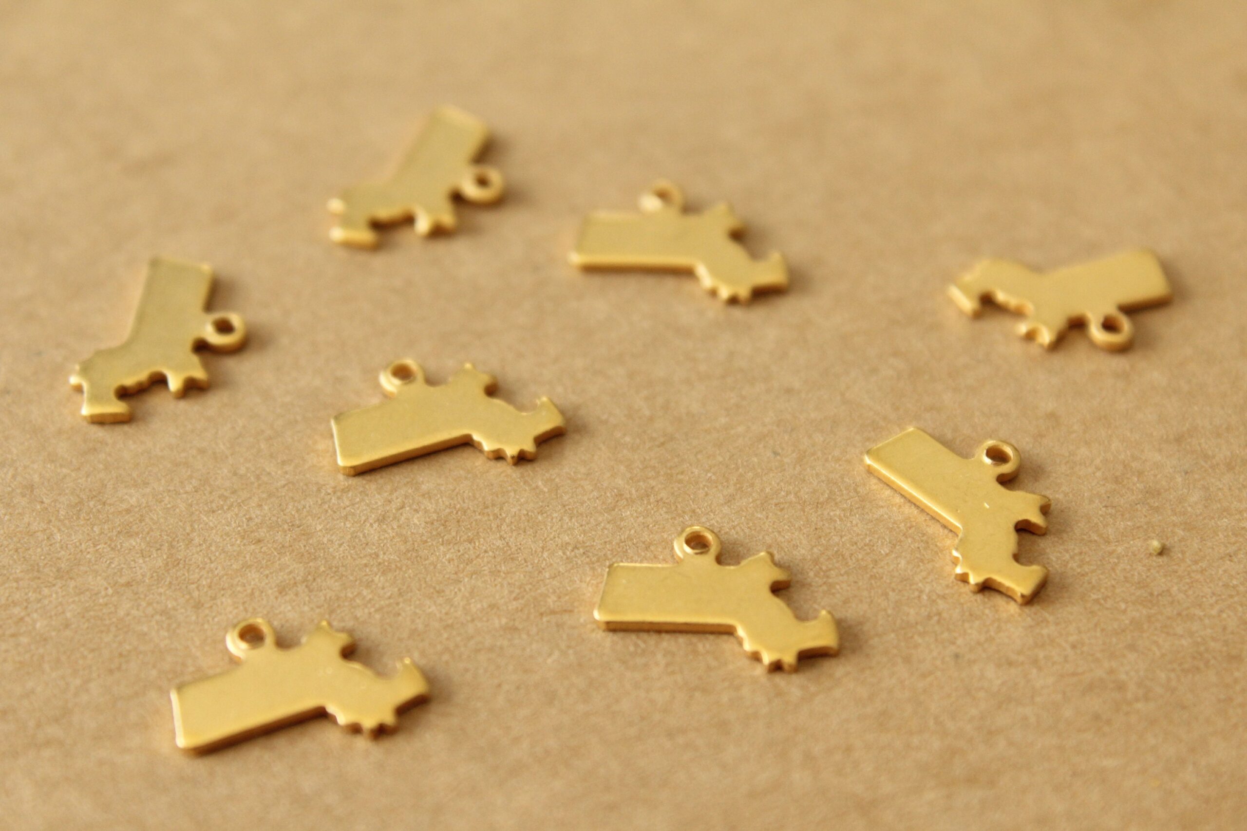6 pc. Gold Plated Brass Massachusetts State Charms / Blanks: 12mm by 8.5mm - made in USA | GLD-205