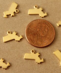 6 pc. Gold Plated Brass Massachusetts State Charms / Blanks: 12mm by 8.5mm - made in USA | GLD-205