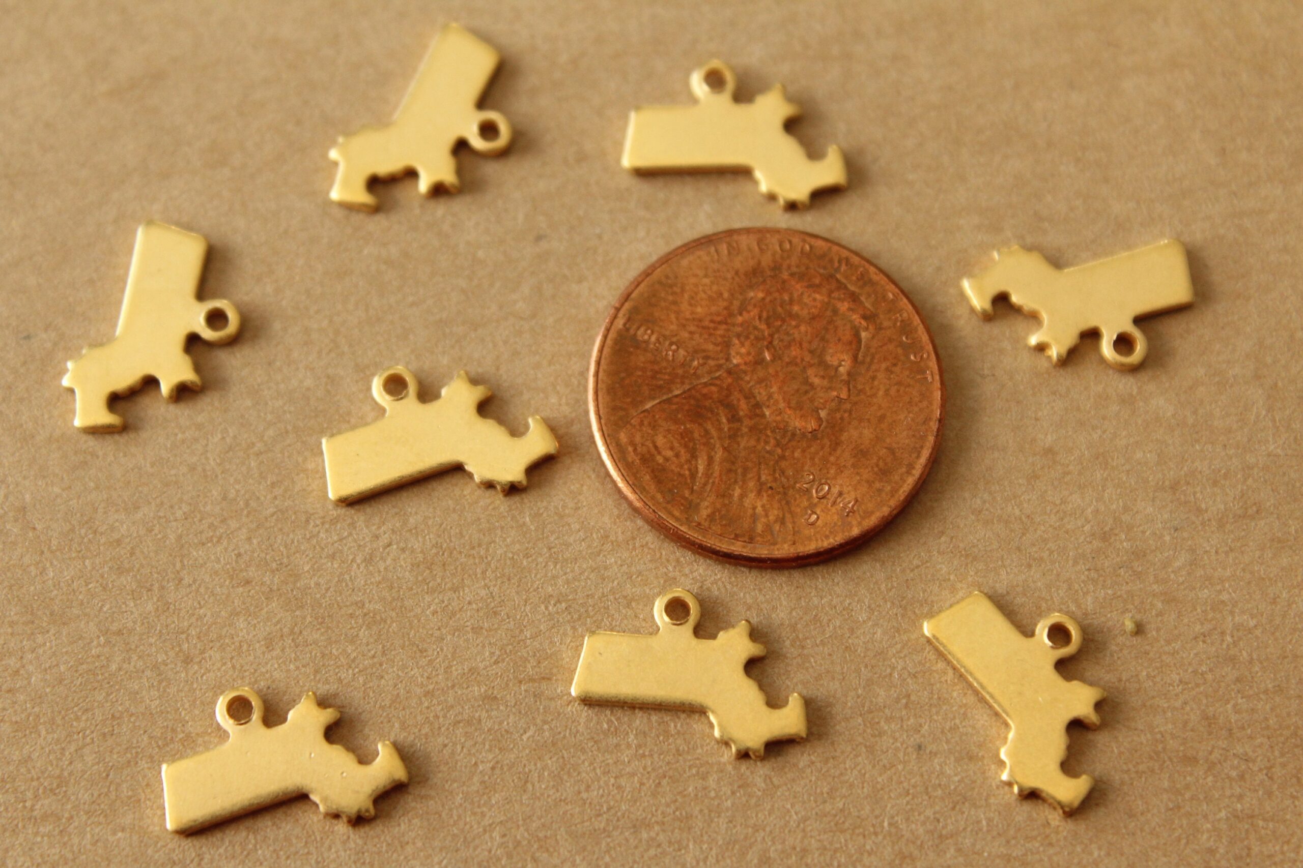 6 pc. Gold Plated Brass Massachusetts State Charms / Blanks: 12mm by 8.5mm - made in USA | GLD-205