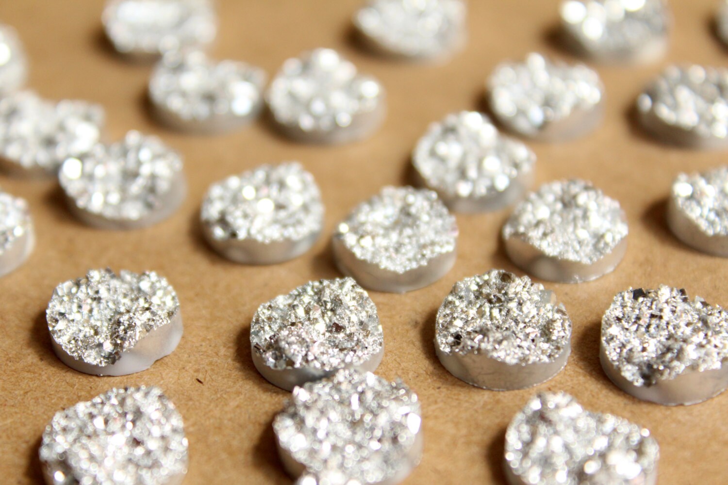 20 pc. Sparkly Light Silver Resin Druzy Style Cabochons 10.5 - 12mm | RES-602