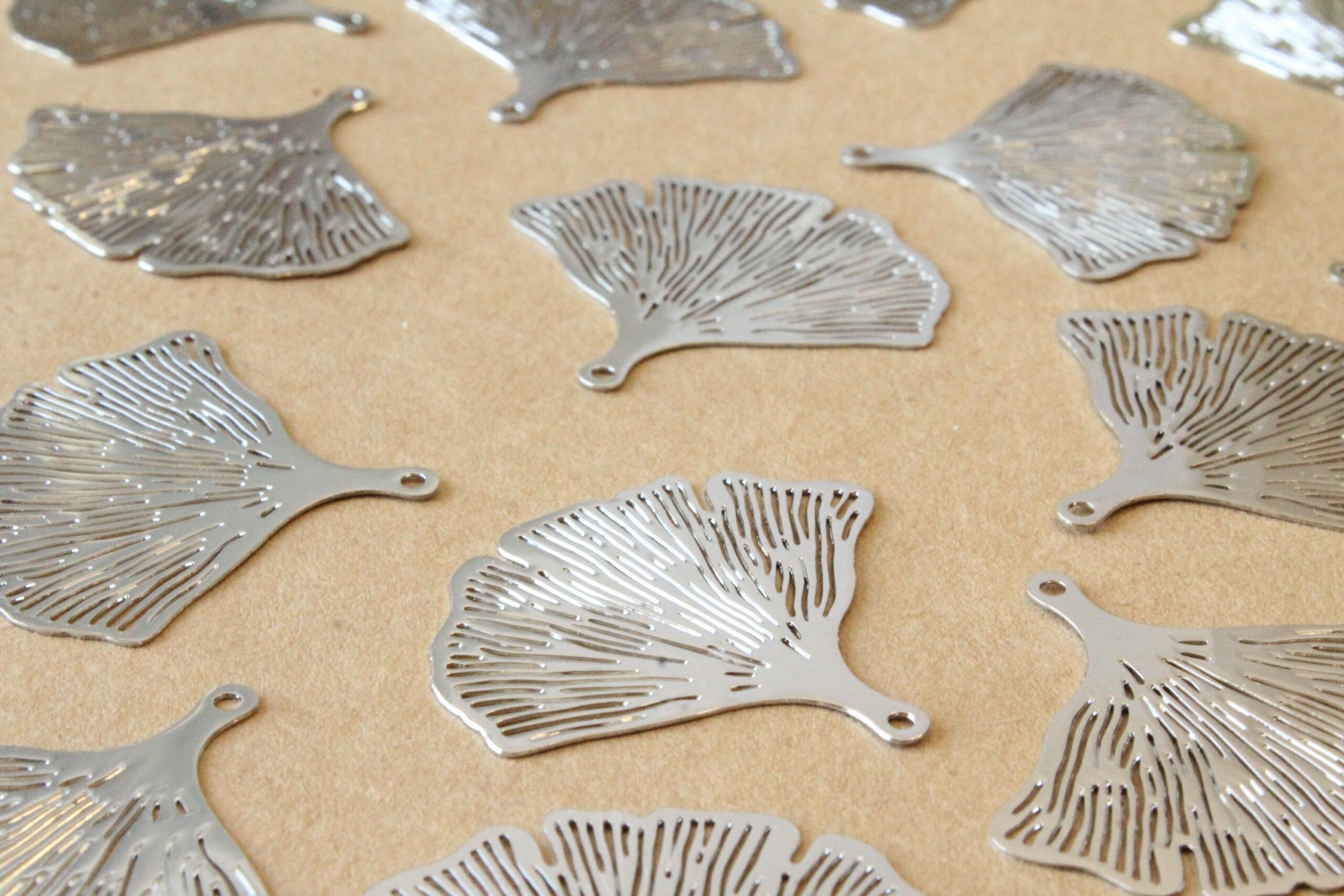 8 pc. Silver Plated Laser Cut Ginkgo Leaf Charms, 33mm by 30mm | MIS-043*