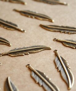 8 pc. Antique Brass Plated Feathers: 34mm by 8.5mm - made in USA | AB-079