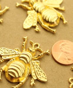 4 pc. Large Gold Queen Bee Charms: 40mm by 38mm Queen Bee Pendants Heavy Thick Honeybee Bumblebee Charm | MIS-352