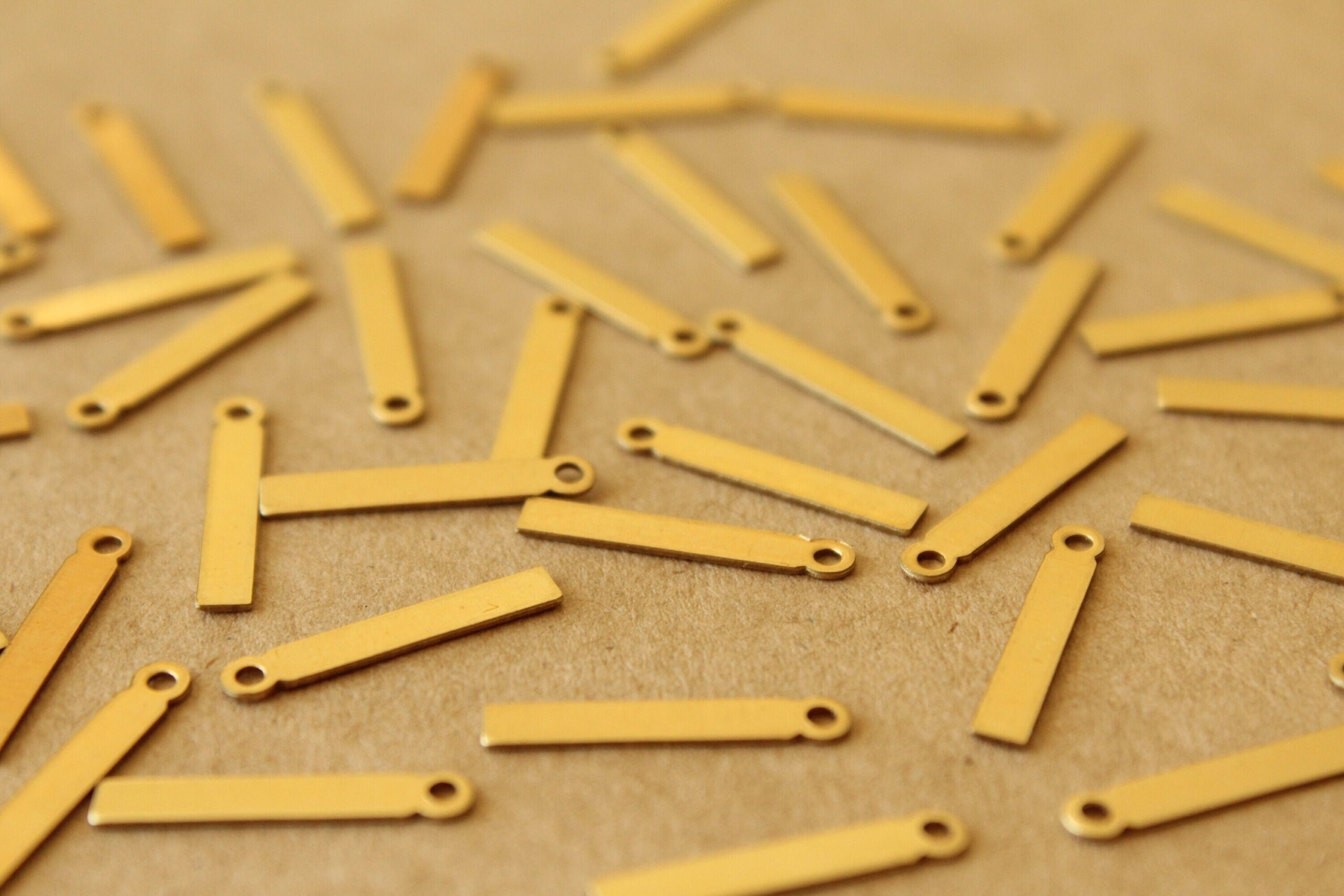 18 pc. Raw Brass Thin Rectangular Drops: 12.5mm by 2.5mm - made in USA - narrow stamping blank blanks, brass bar bars with loop | RB-1390