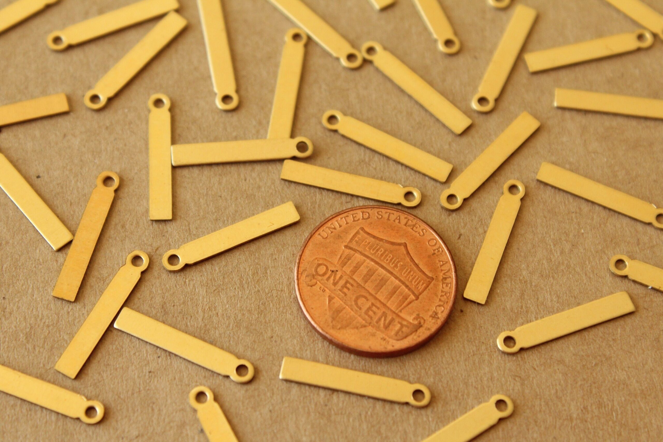18 pc. Raw Brass Thin Rectangular Drops: 12.5mm by 2.5mm - made in USA - narrow stamping blank blanks, brass bar bars with loop | RB-1390