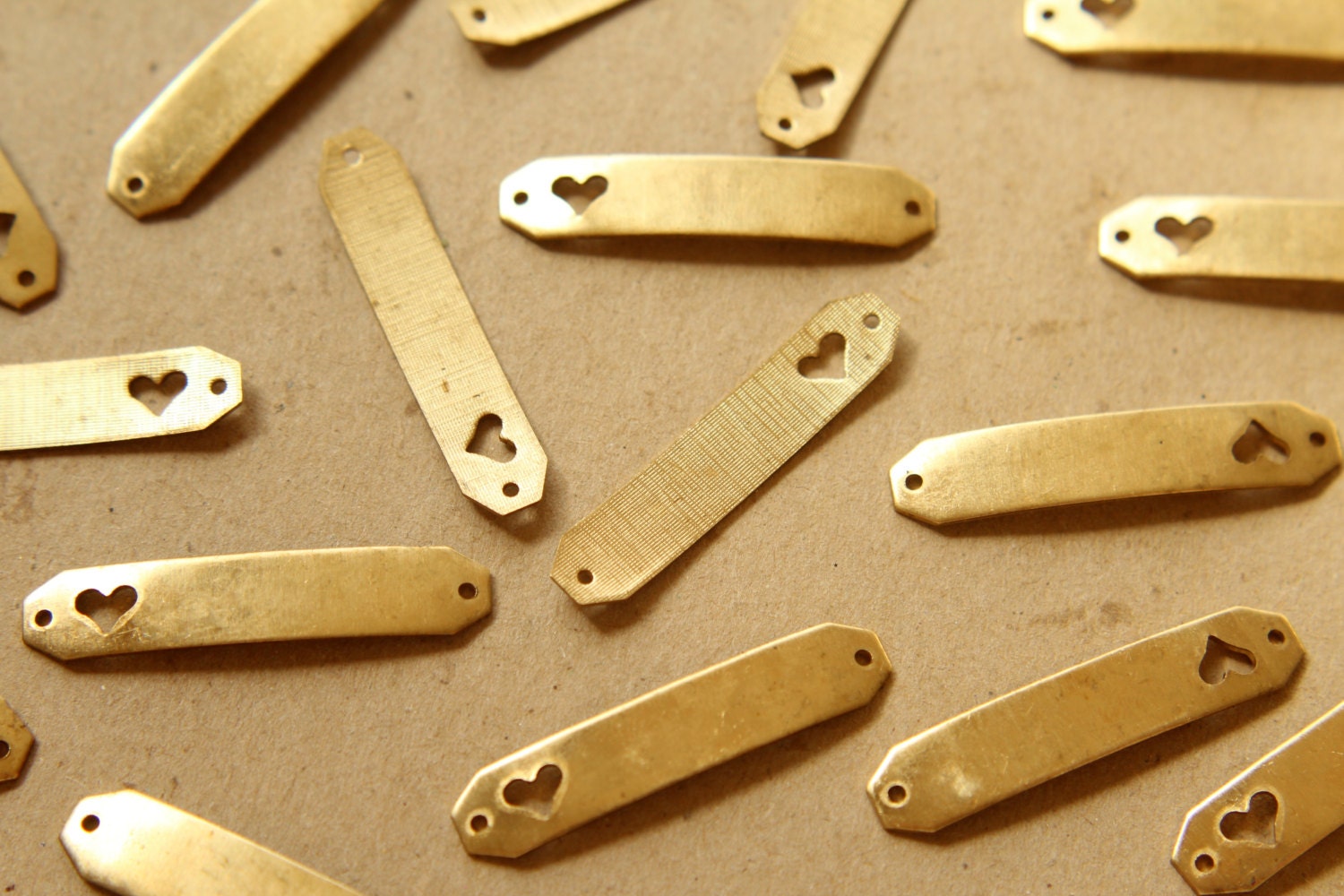 6 pc. Raw Brass Bent Bar Connectors with Heart Cutouts: 35mm by 7mm - made in USA | RB-580