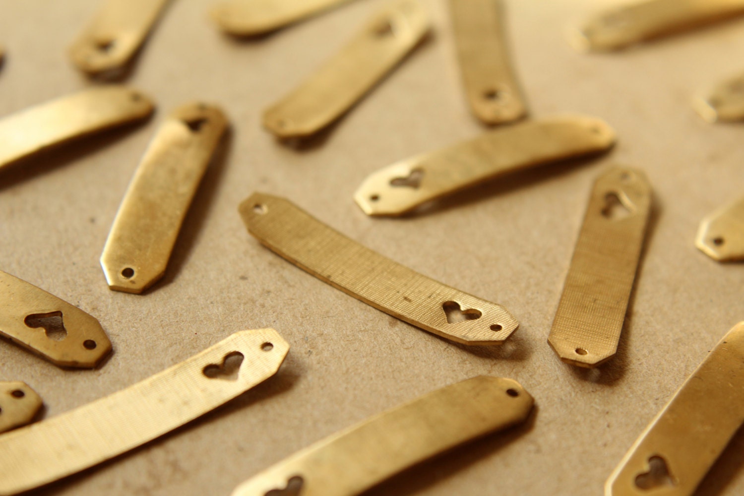 6 pc. Raw Brass Bent Bar Connectors with Heart Cutouts: 35mm by 7mm - made in USA | RB-580