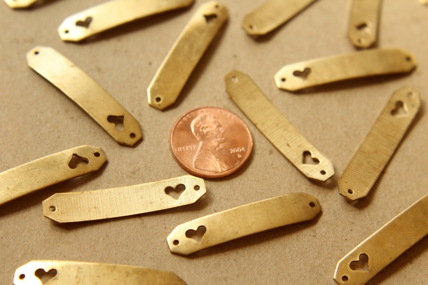 6 pc. Raw Brass Bent Bar Connectors with Heart Cutouts: 35mm by 7mm - made in USA | RB-580