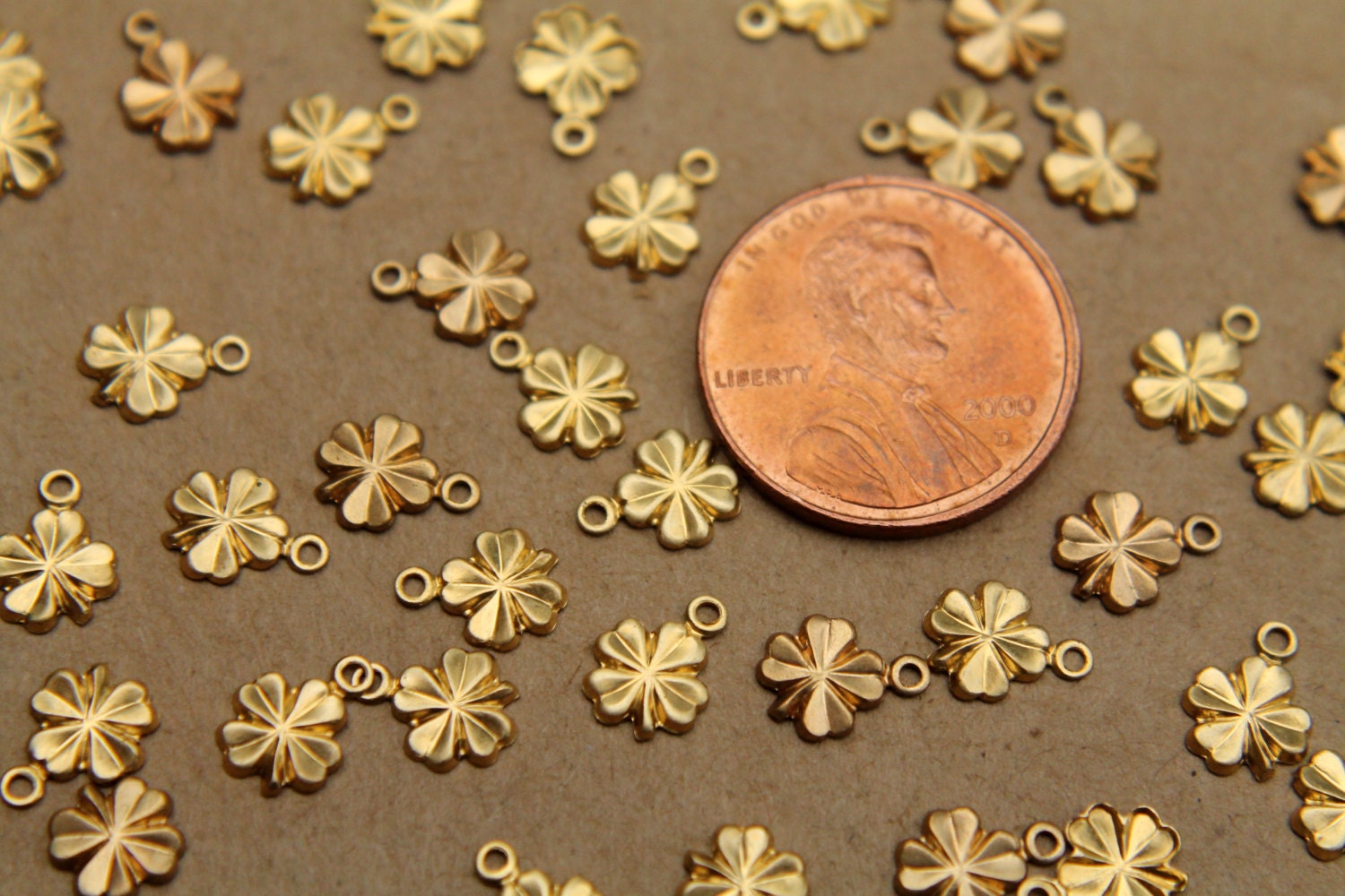 20 pc. Tiny Raw Brass Clover Charms: 8mm by 6mm - made in USA | RB-348