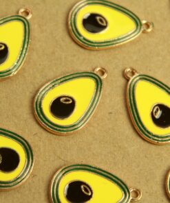 8 pc. Halved Avocado Charms, Green, Yellow, Brown, and Gold Enameled, 26mm x 17mm | MIS-123*