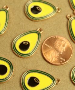 8 pc. Halved Avocado Charms, Green, Yellow, Brown, and Gold Enameled, 26mm x 17mm | MIS-123*