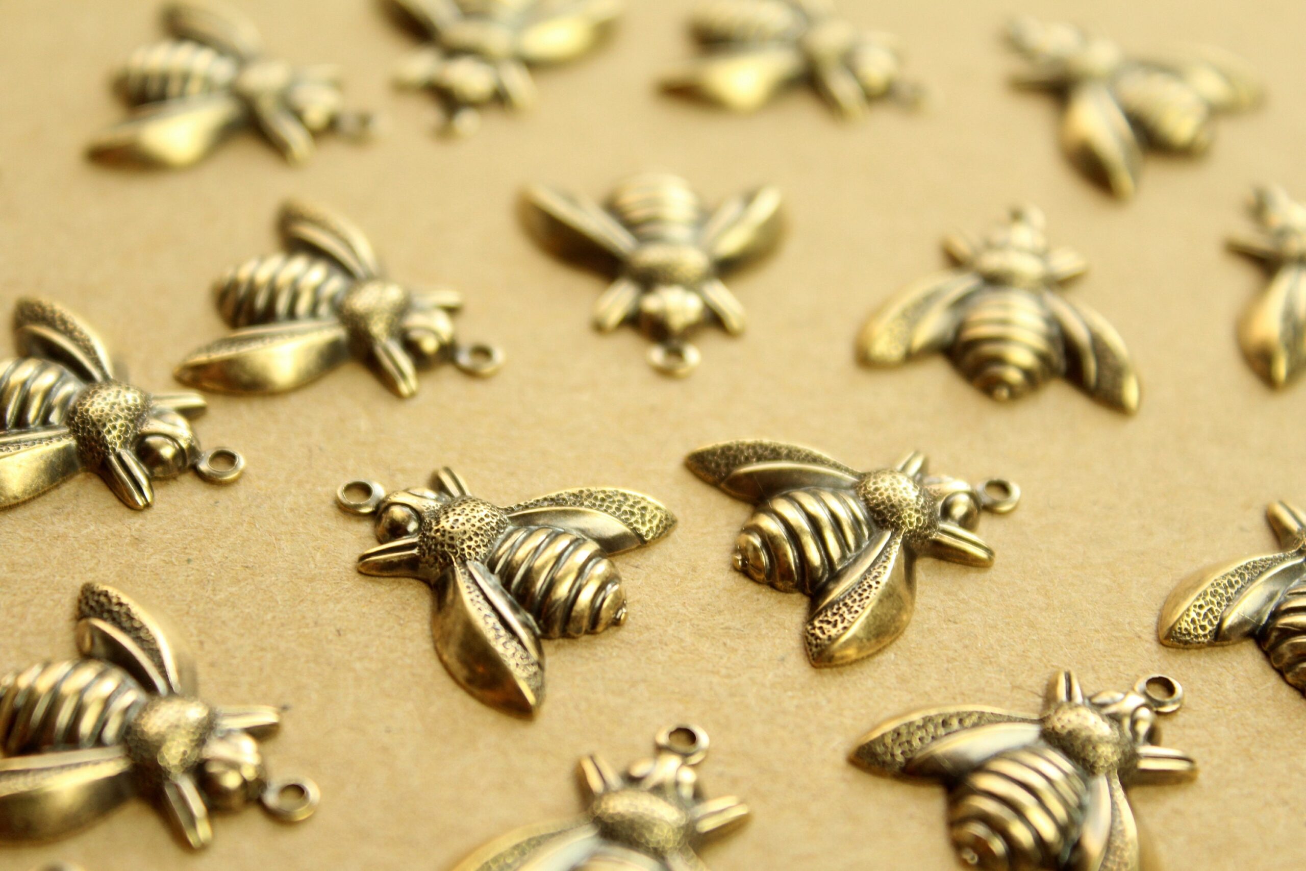 5 pc. Large Antique Brass Plated Bee Charms: 17mm by 17.5mm - made in USA | AB-296