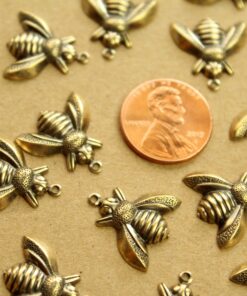 5 pc. Large Antique Brass Plated Bee Charms: 17mm by 17.5mm - made in USA | AB-296