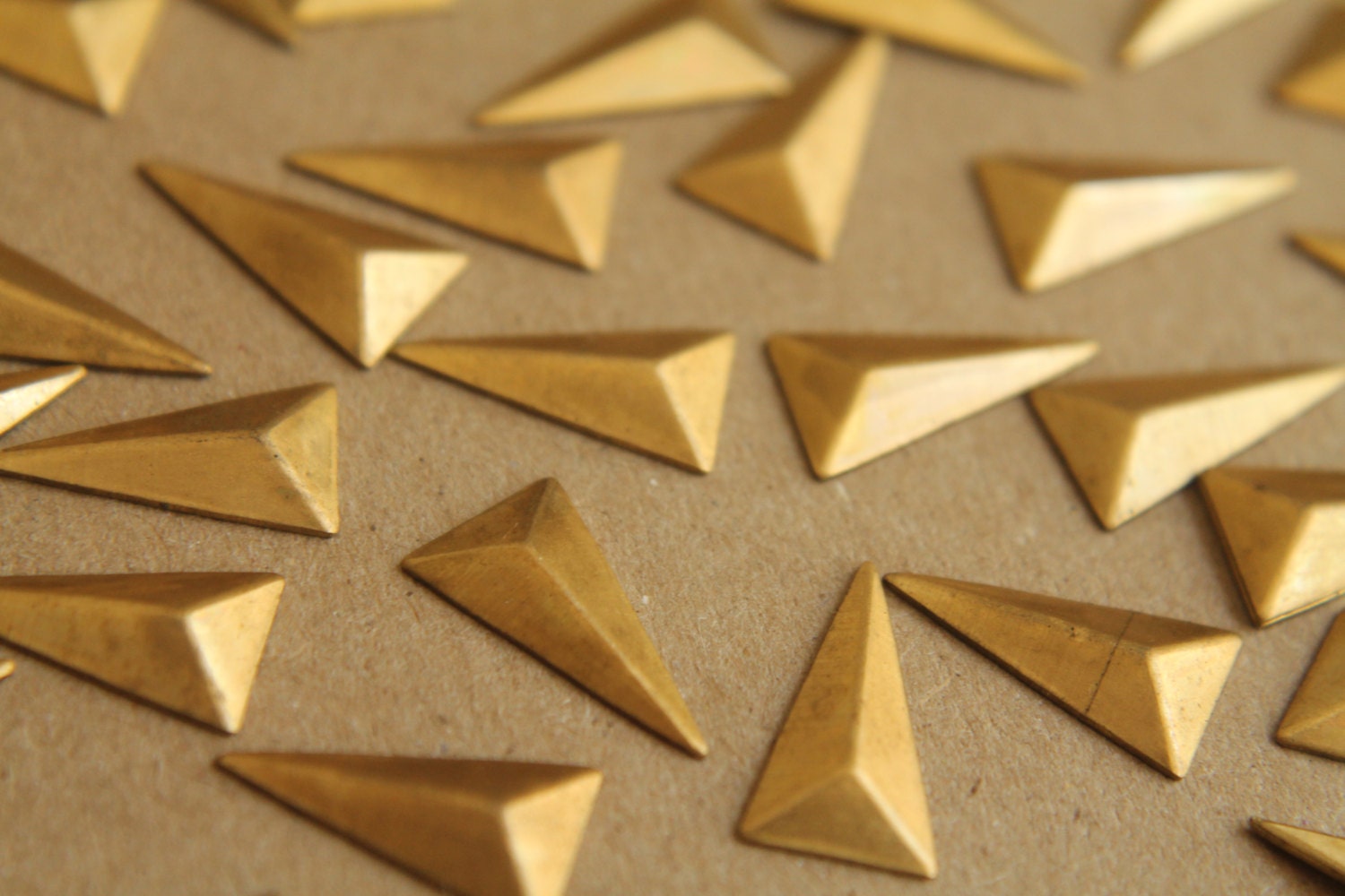 8 pc. Small Raw Brass Faceted Isosceles Triangle Stampings : 15mm by 8.5mm - made in USA | RB-194