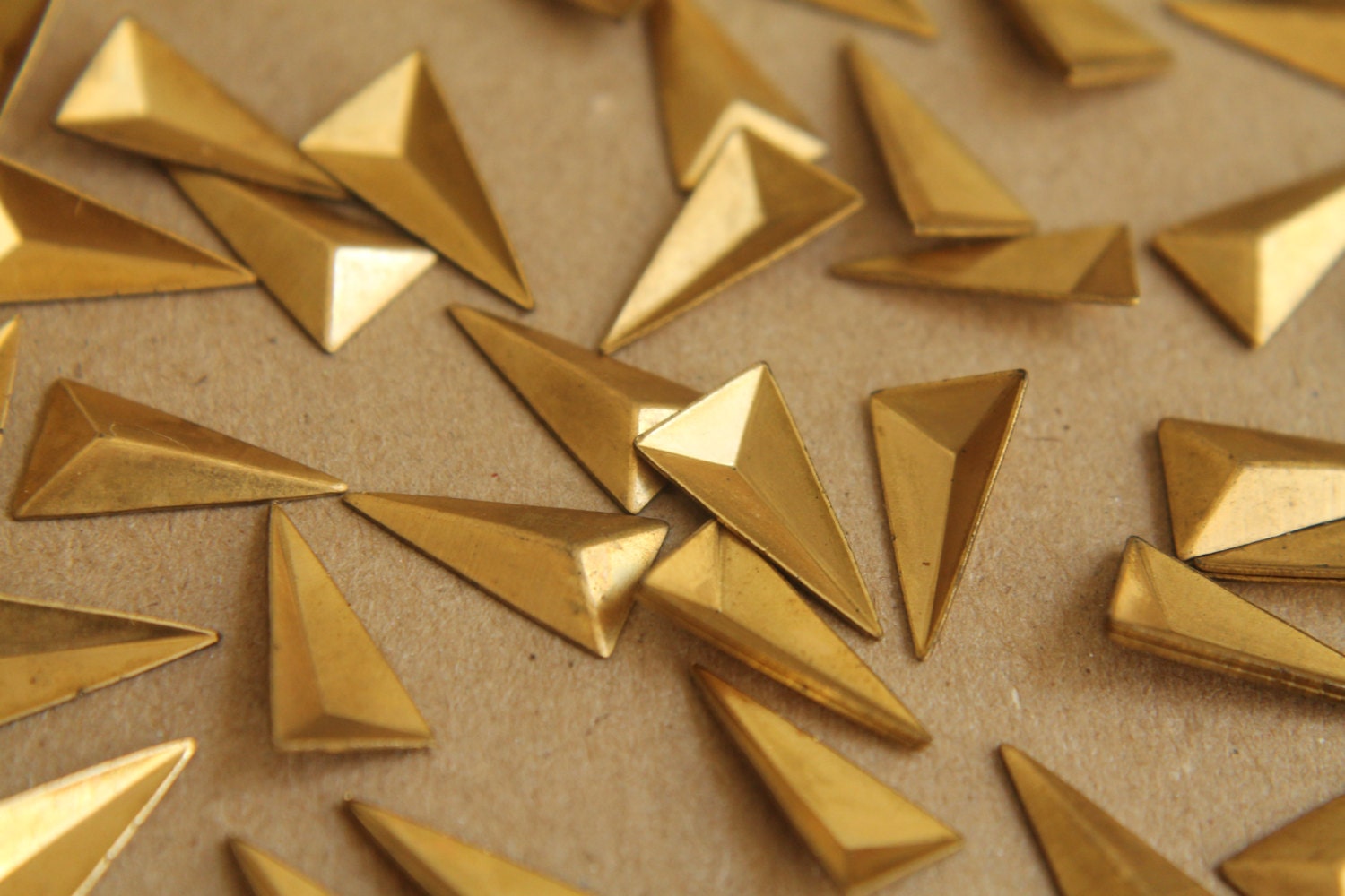 8 pc. Small Raw Brass Faceted Isosceles Triangle Stampings : 15mm by 8.5mm - made in USA | RB-194