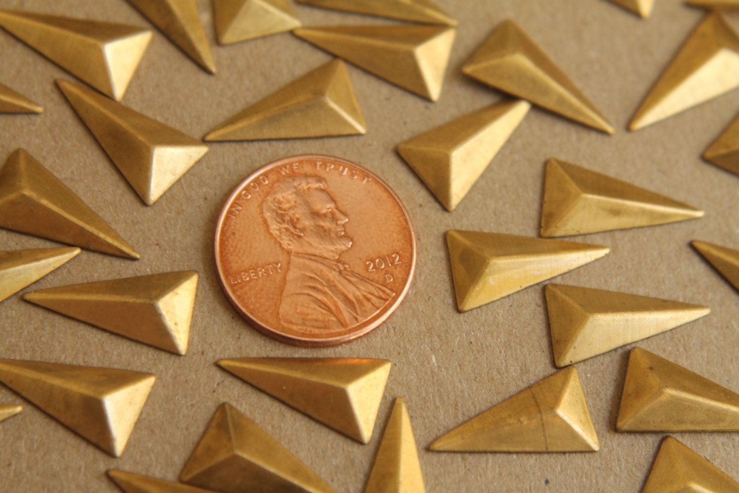 8 pc. Small Raw Brass Faceted Isosceles Triangle Stampings : 15mm by 8.5mm - made in USA | RB-194