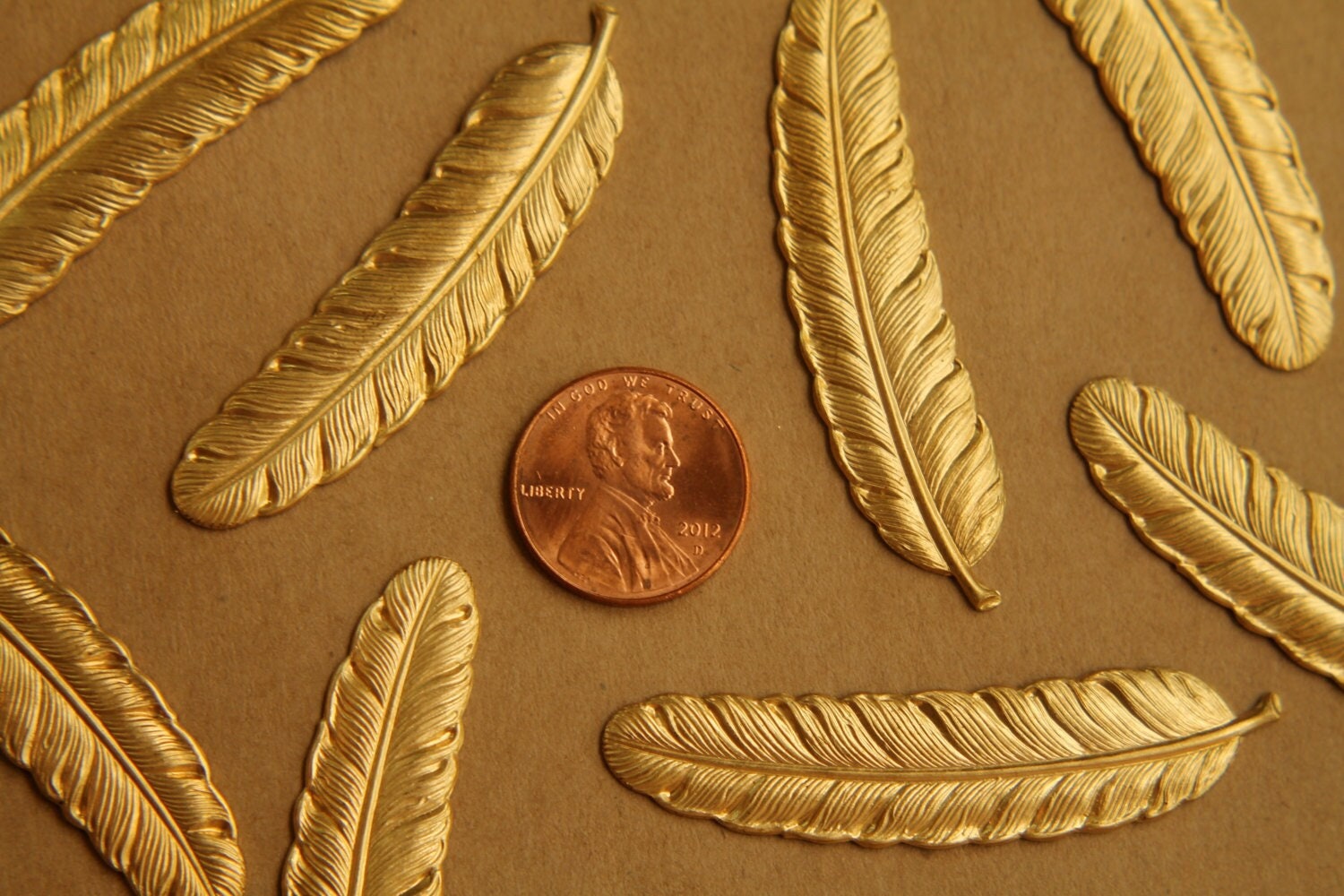 2 pc. Large Raw Brass Feathers: 53mm by 12mm - made in USA | RB-400