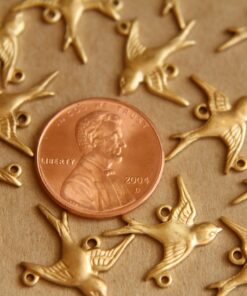 6 pc. Raw Brass Bird Charm Facing Right, Two Hole Top/Bottom Connector - made in USA Sparrow Swallow Songbird Flying West Birds | RB-477