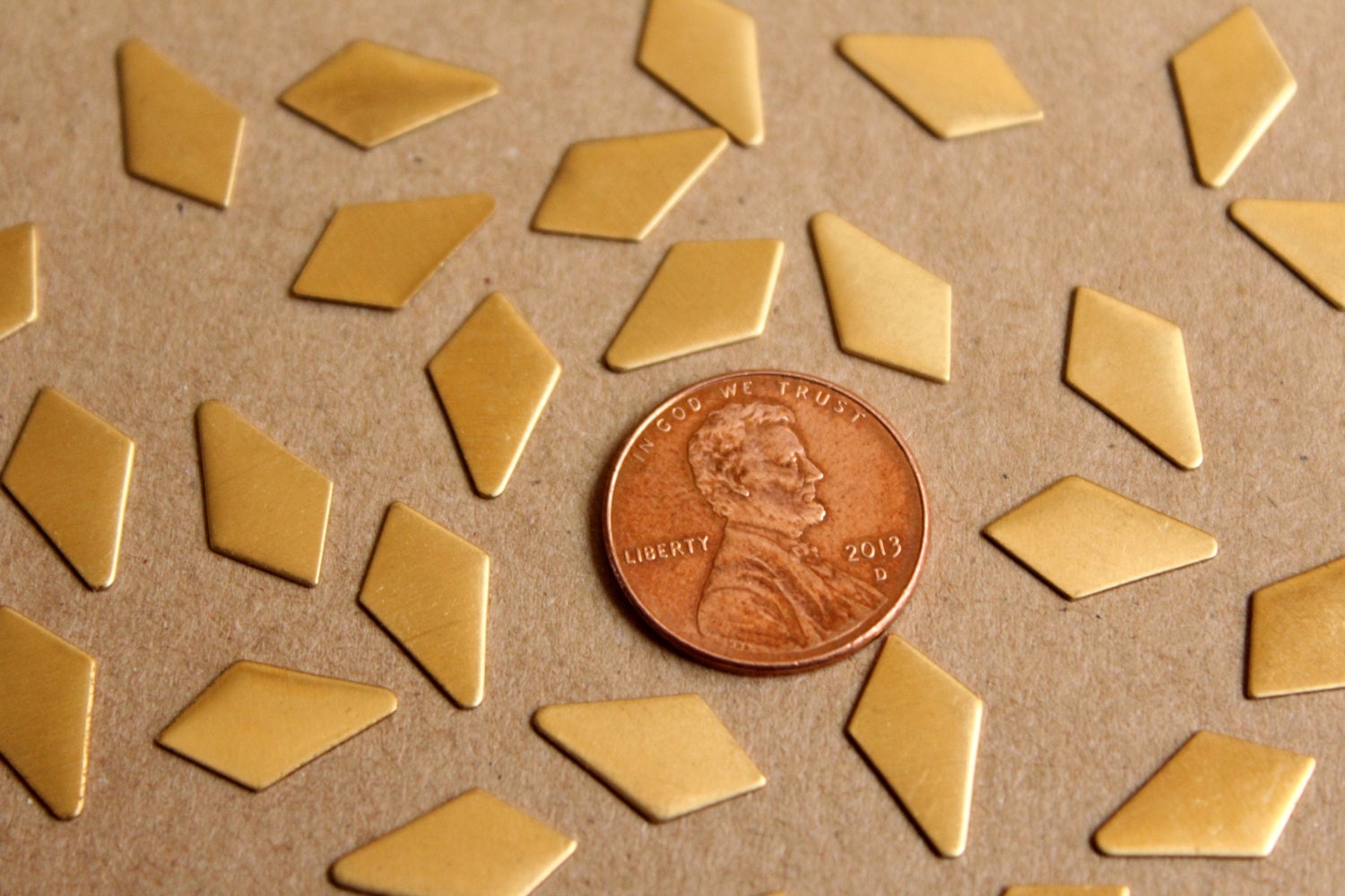 16 pc. Small Raw Brass Dropped Diamond Stampings: 13.5mm by 7mm - made in USA | RB-909