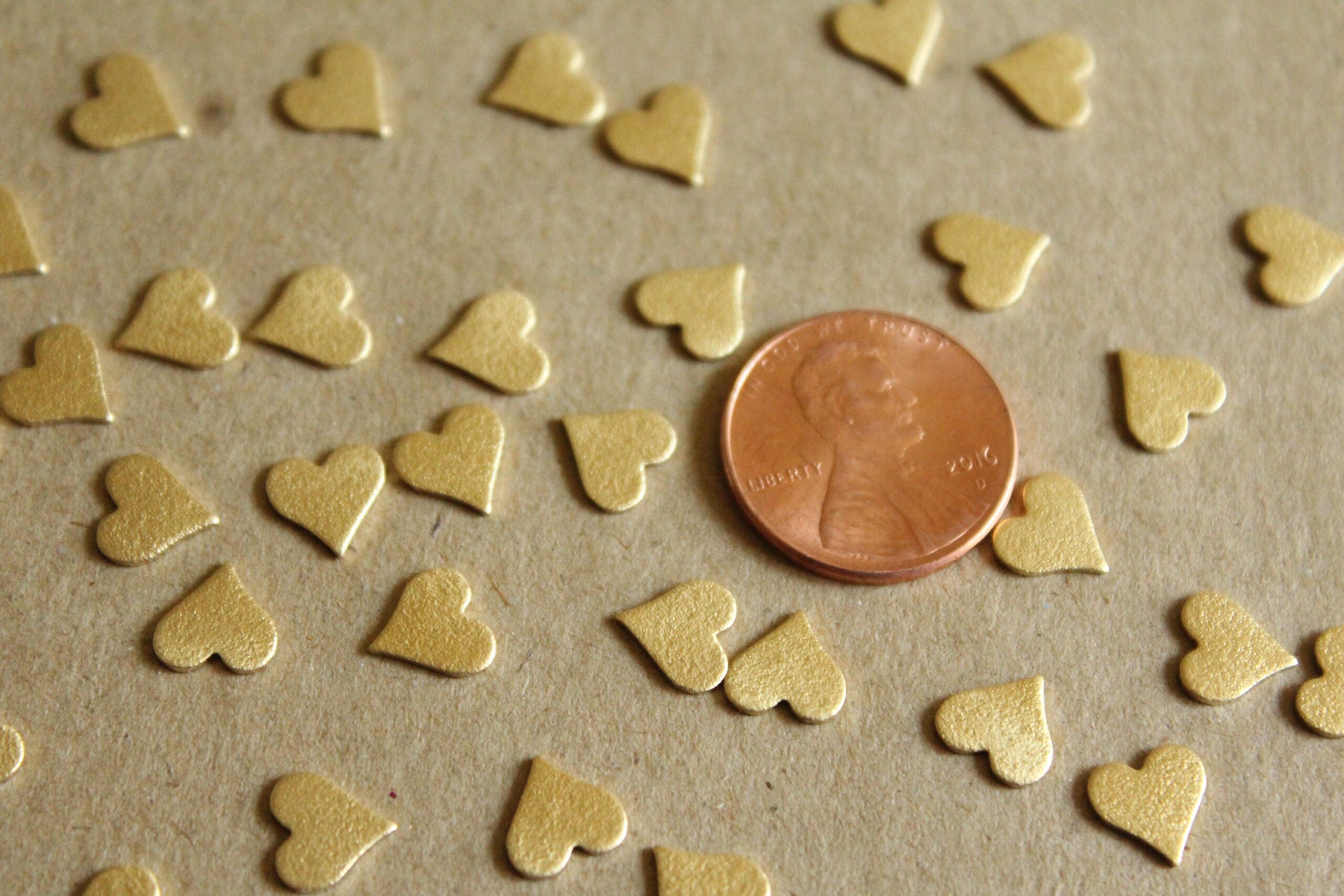 12 pc. Raw Brass Frosted Hearts: 8mm by 8mm - made in USA | RB-1053