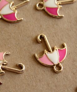 5 pc. Pink, White and Silver Enameled Umbrella Charms, 19mm x 25mm | MIS-159