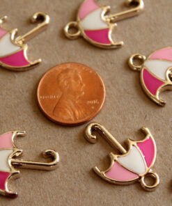 5 pc. Pink, White and Silver Enameled Umbrella Charms, 19mm x 25mm | MIS-159