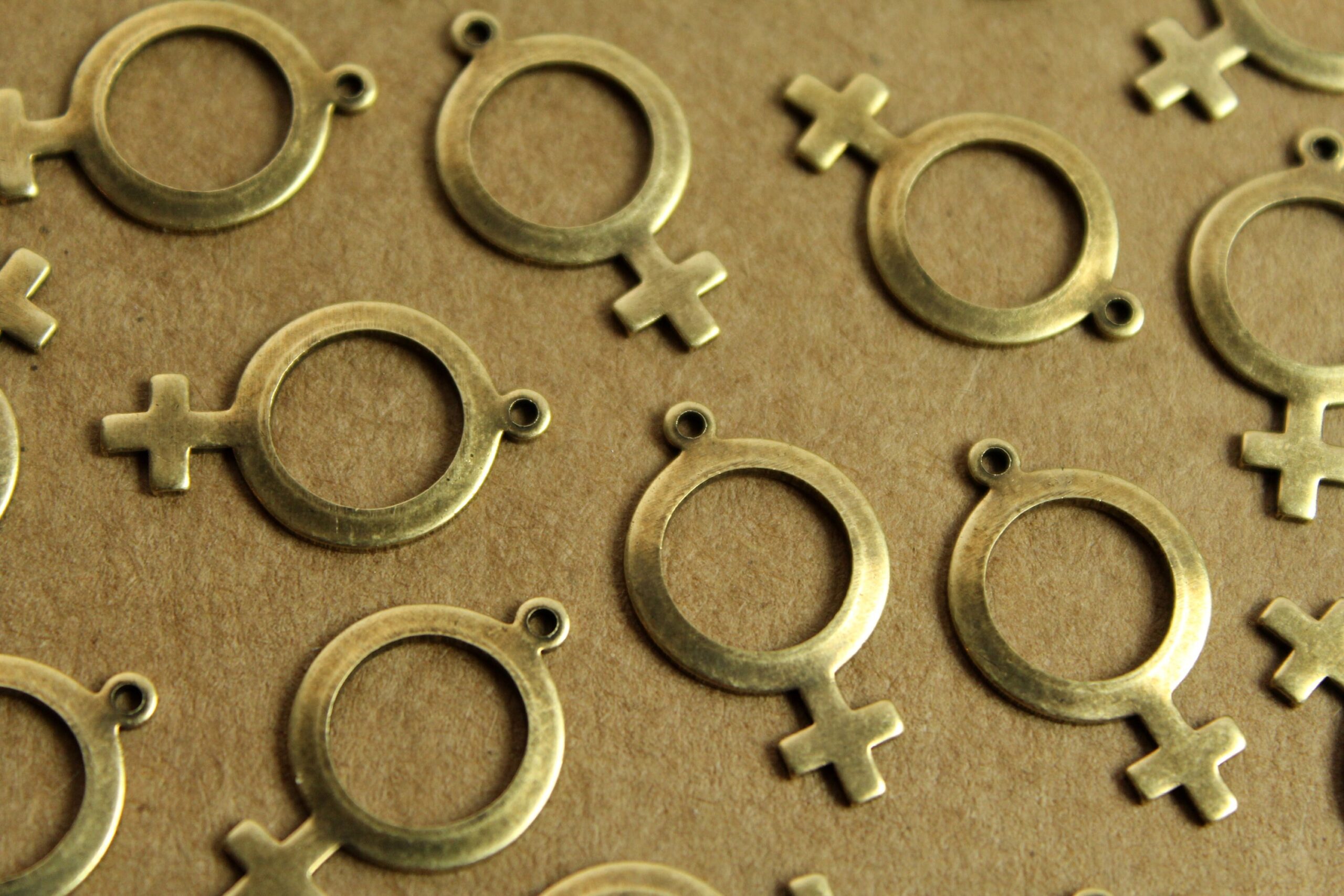 6 pc. Antique Brass Plated Female Symbol Charms: 25mm by 15mm - made in USA | AB-145