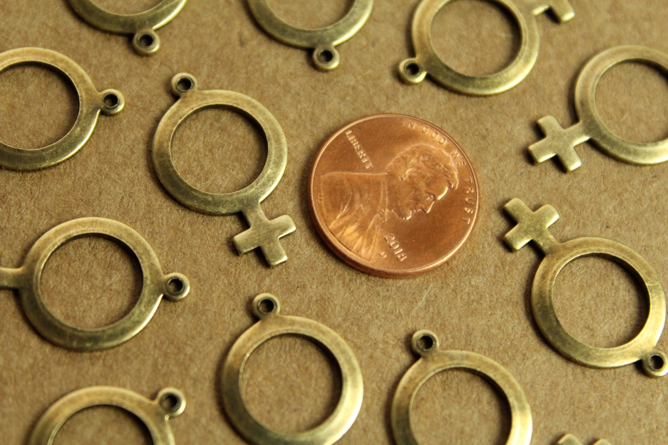 6 pc. Antique Brass Plated Female Symbol Charms: 25mm by 15mm - made in USA | AB-145