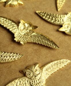 1 pc. Large Gold Plated Brass Owl With Spread Wings: 55mm by 18mm - made in USA | GLD-086