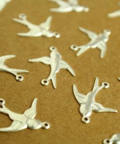 6 pc. Silver Plated Brass 2 Loop Bird Connector Facing Right Sparrow Swallow Songbird Flying West Spring Summer Birds Flight Nature | SI-393