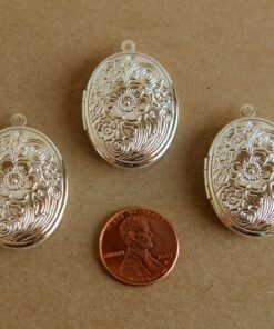 3 pc. Silver Etched Floral Oval Lockets 24mm x 34mm - LOC-012