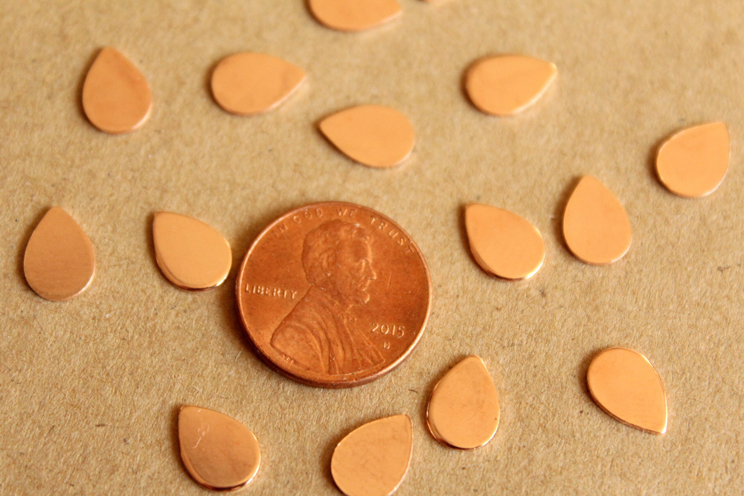 16 pc. Tiny Rose Gold Brass Teardrops: 7mm by 10mm - made in USA | ROS-021