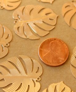 8 pc. Gold Plated Laser Cut Monstera Leaf Charms, 29.5mm by 25mm | MIS-398
