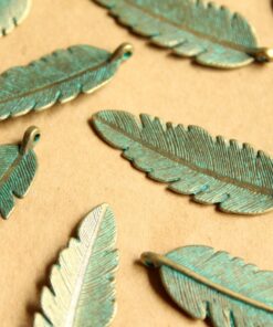 10 pc. Verdigris Antique Bronze Round Feather Pendant, 44mm by 14mm | MIS-075