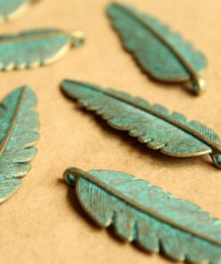 10 pc. Verdigris Antique Bronze Round Feather Pendant, 44mm by 14mm | MIS-075