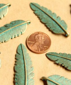 10 pc. Verdigris Antique Bronze Round Feather Pendant, 44mm by 14mm | MIS-075