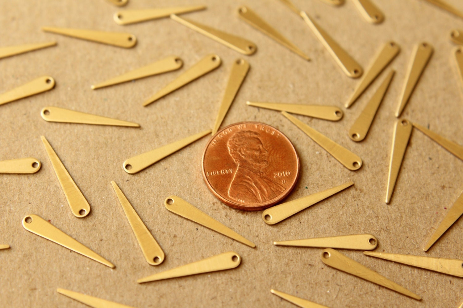 26 pc. Raw Brass Narrow Spike Charms with One Hole: 19mm by 3.5mm - made in USA | RB-610
