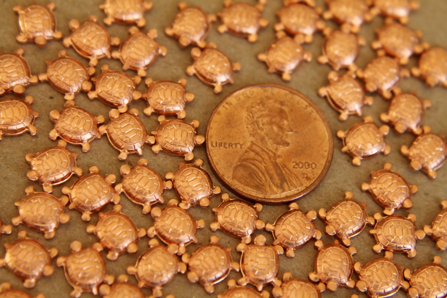 8 pc. Tiny Raw Copper Turtles: 8.5mm by 7mm - made in USA | RB-283