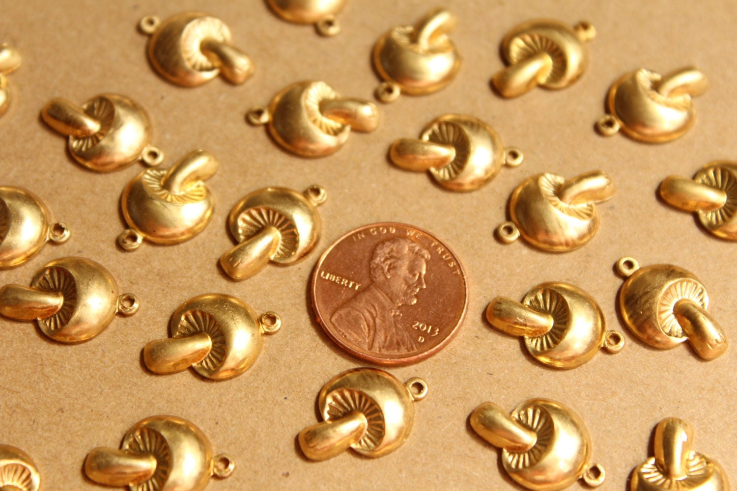 6 pc. Medium Raw Brass Mushroom Charms: 17mm by 11mm - made in USA | RB-861